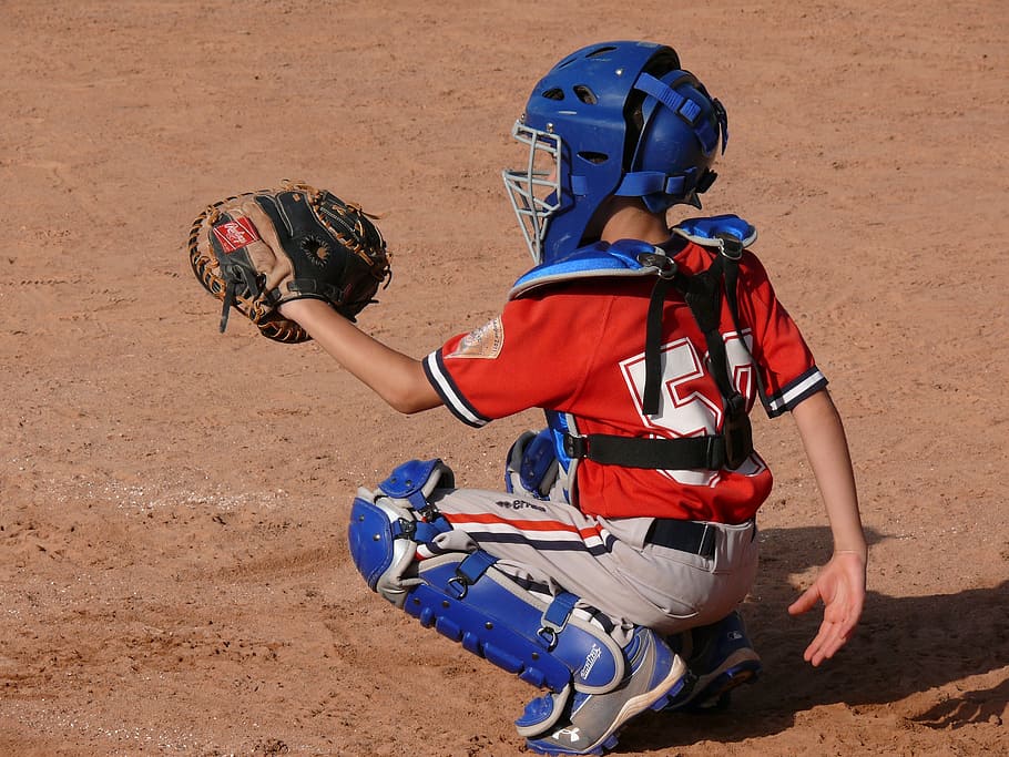 boy playing baseball, sport, catcher, helmet, two people, sports helmet HD wallpaper