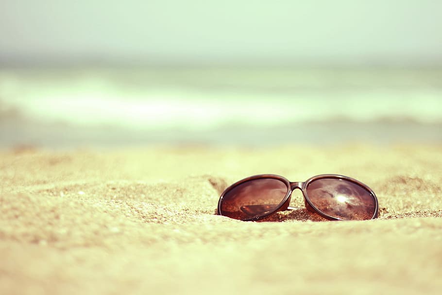 black sunglasses on brown sand, beach, summer, eyeglasses, sea HD wallpaper