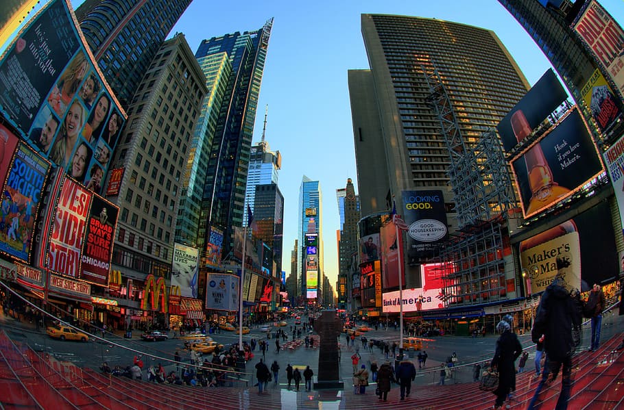 fish eye photo of New York Time Square, times square, nyc, manhattan