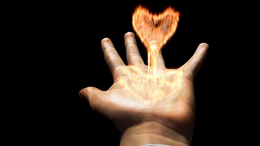 left hand with heart-shape flame, Fire, Burn, Love, brand, blaze HD wallpaper