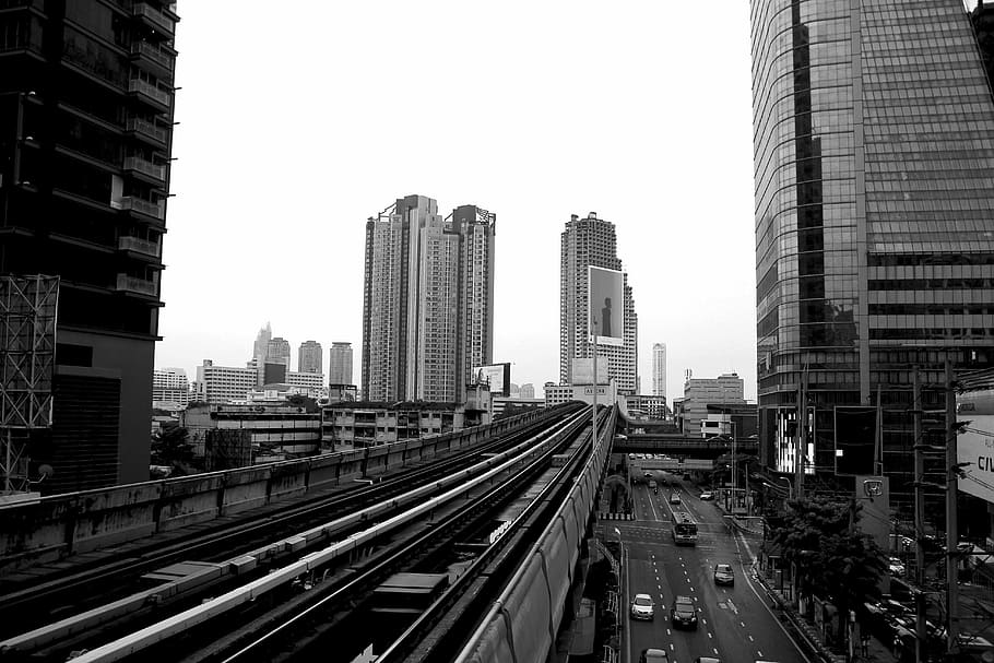city, bangkok, train, pathways, rails, railway, section, traffic light HD wallpaper