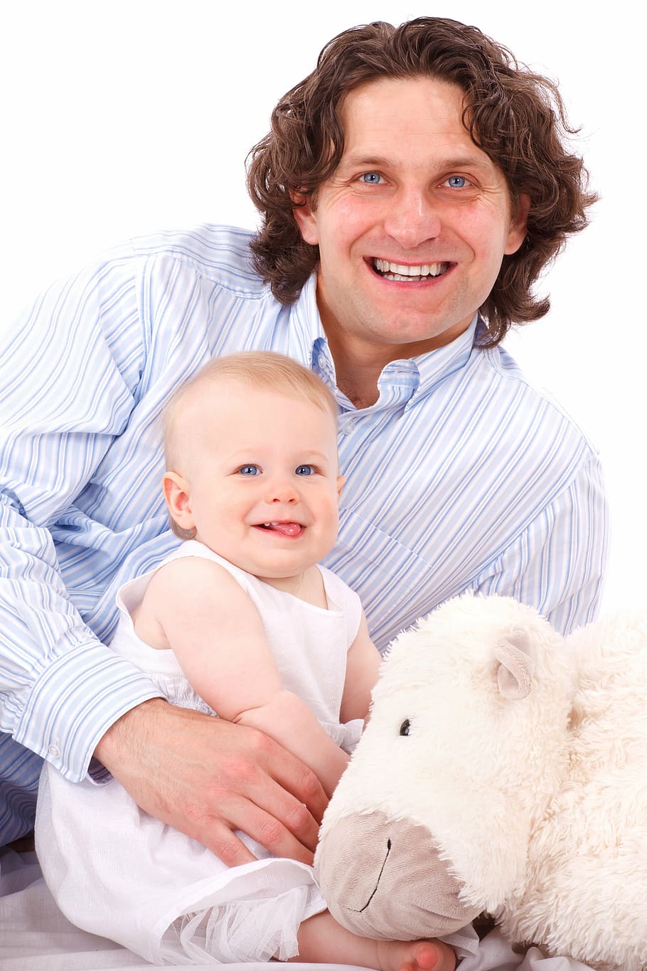 man holding baby wearing white sleeveless shirt beside white animal plush toy, HD wallpaper