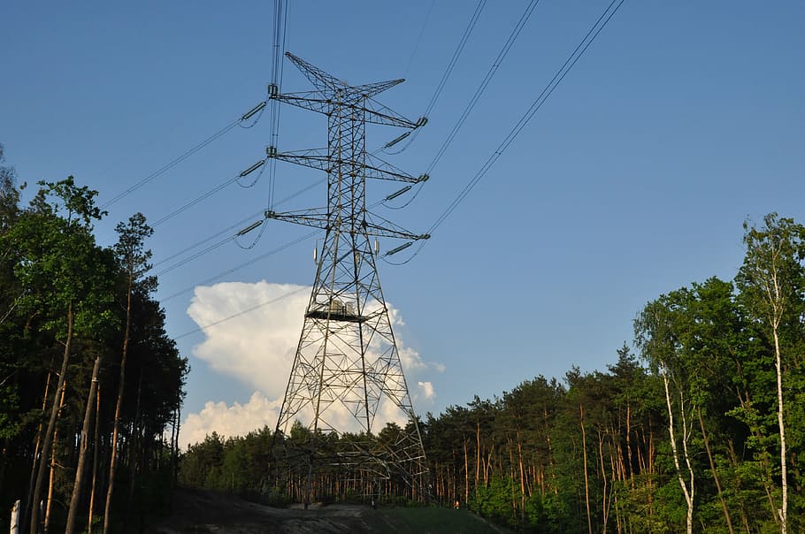 energetics, current, forest, cloud, sky, poland, mazowsze, electricity HD wallpaper