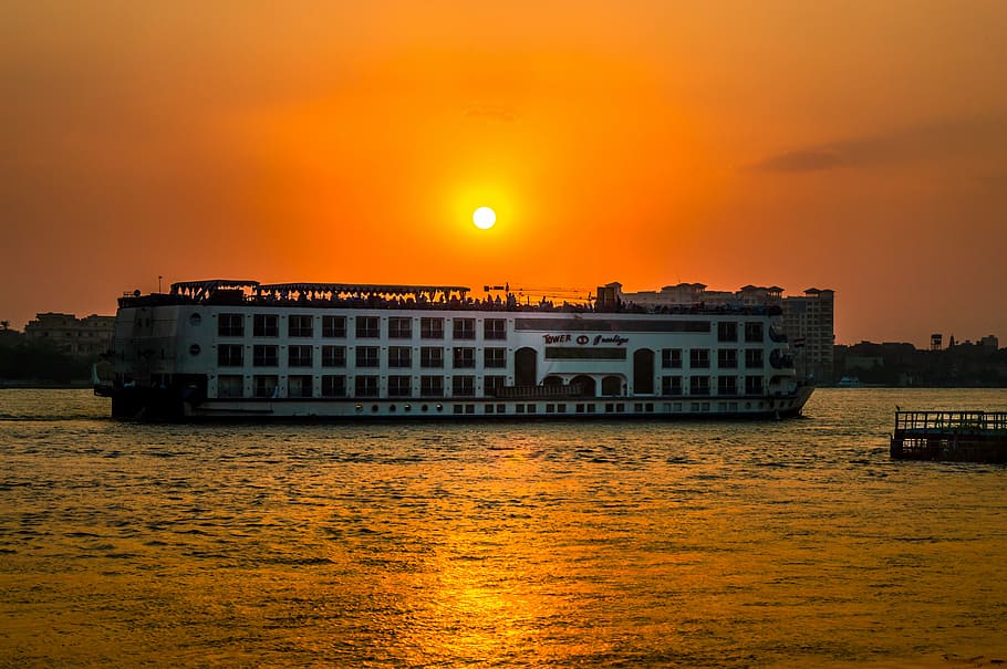 sunset, river, boat, sky, water, nature, travel, landscape HD wallpaper