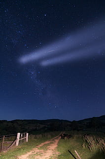 dirt road with green grass under dark sky with stars, green grass HD wallpaper