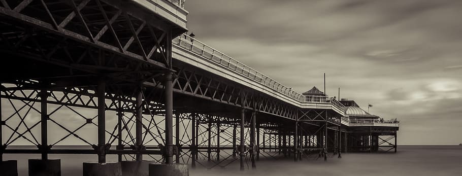 gray steel bridge on body of water, pier, vintage, retro, effect HD wallpaper