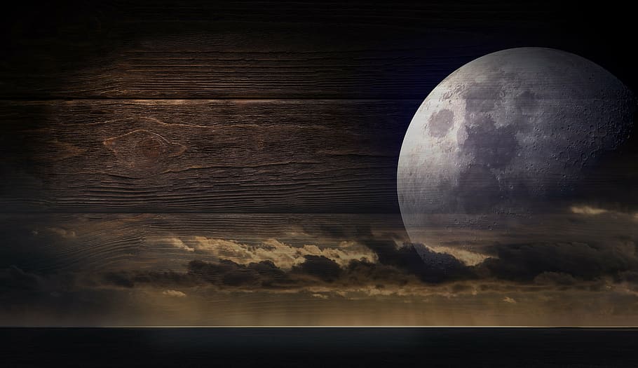 full moon and ocean photo, sea, clouds, light, mystical, sky HD wallpaper