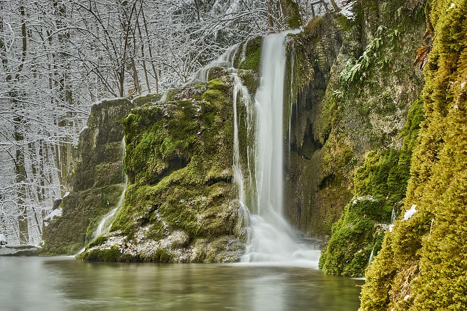 waters, waterfall, nature, river, rock, moss, landscape, stone HD wallpaper