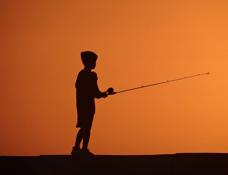 HD wallpaper: silhouette photo of boy fishing during sunset