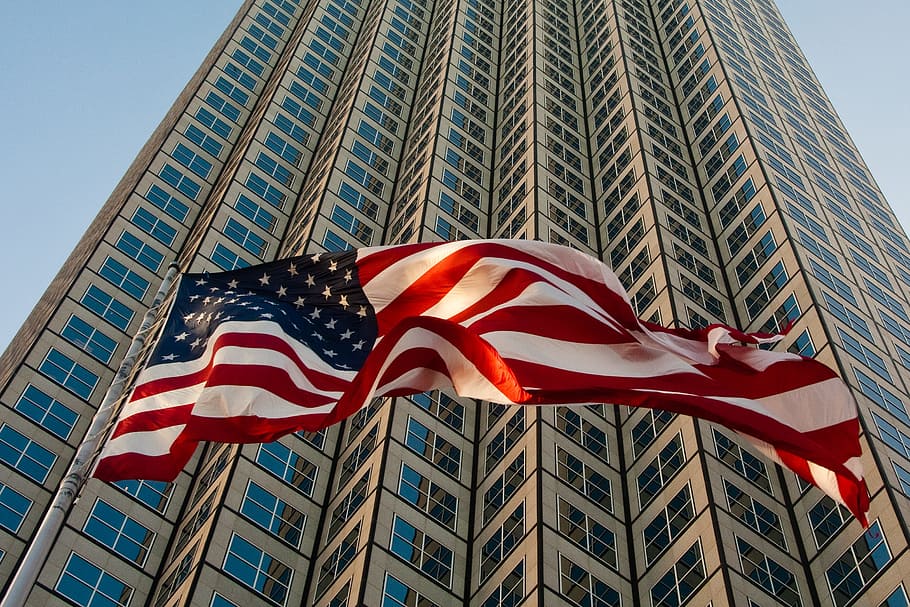 raised flag of United States of America, miami, skyscraper HD wallpaper