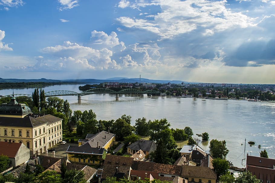 body of water near bridge, flood, danube, esztergom, river HD wallpaper