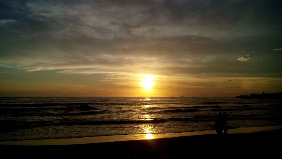 sky, dawn, sol, nature, clouds, sea, water, silhouette, sunset HD wallpaper