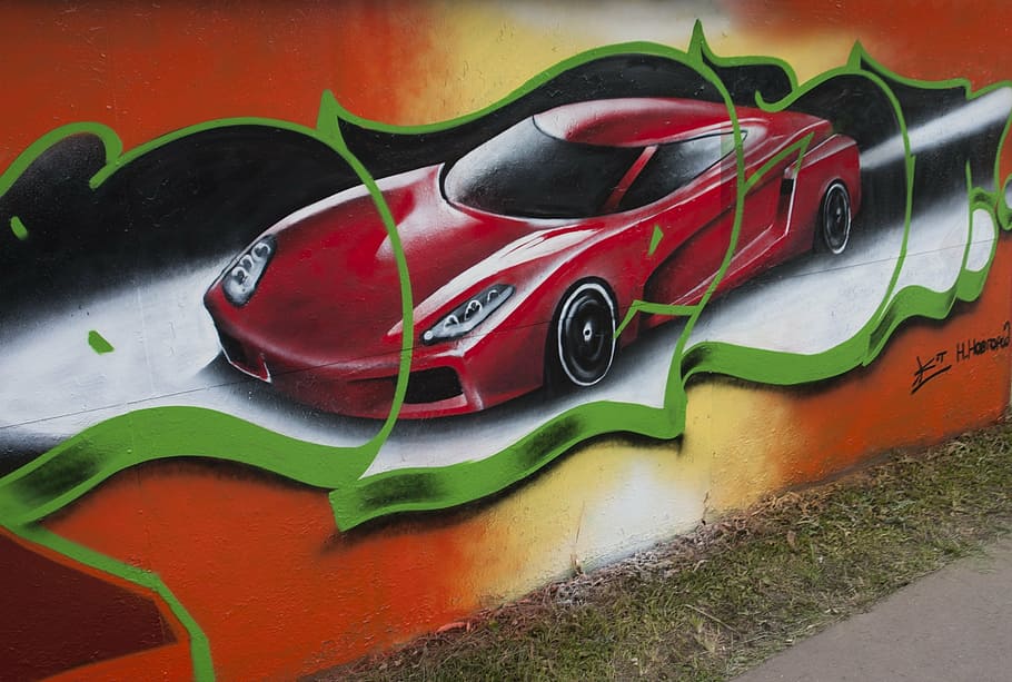 machine, graffiti, wall, speed, figure, red, car, street art HD wallpaper
