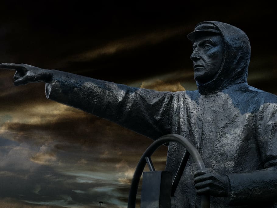 fishermen, helmsman, coxswain, statue, metal, memories, sculpture, HD wallpaper