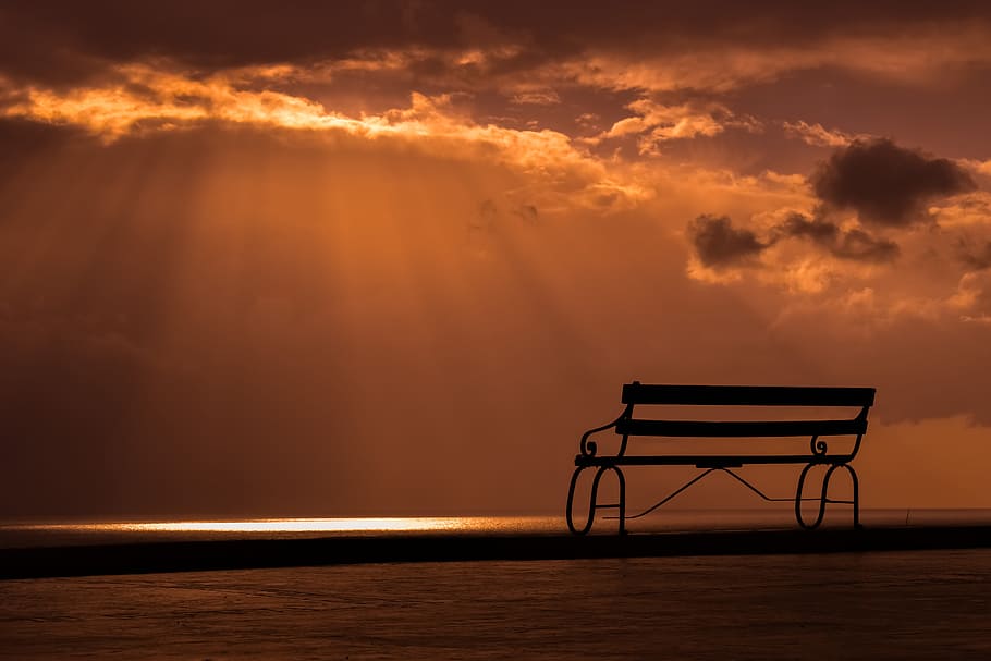 black wooden bench, sunset, dusk, clouds, sky, sunlight, sunbeam HD wallpaper