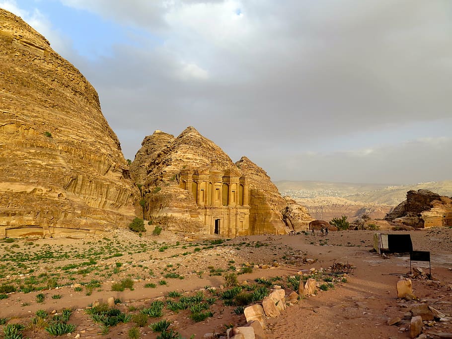 brown ancient structure, petra, jordan, middle east, desert, landscape, HD wallpaper