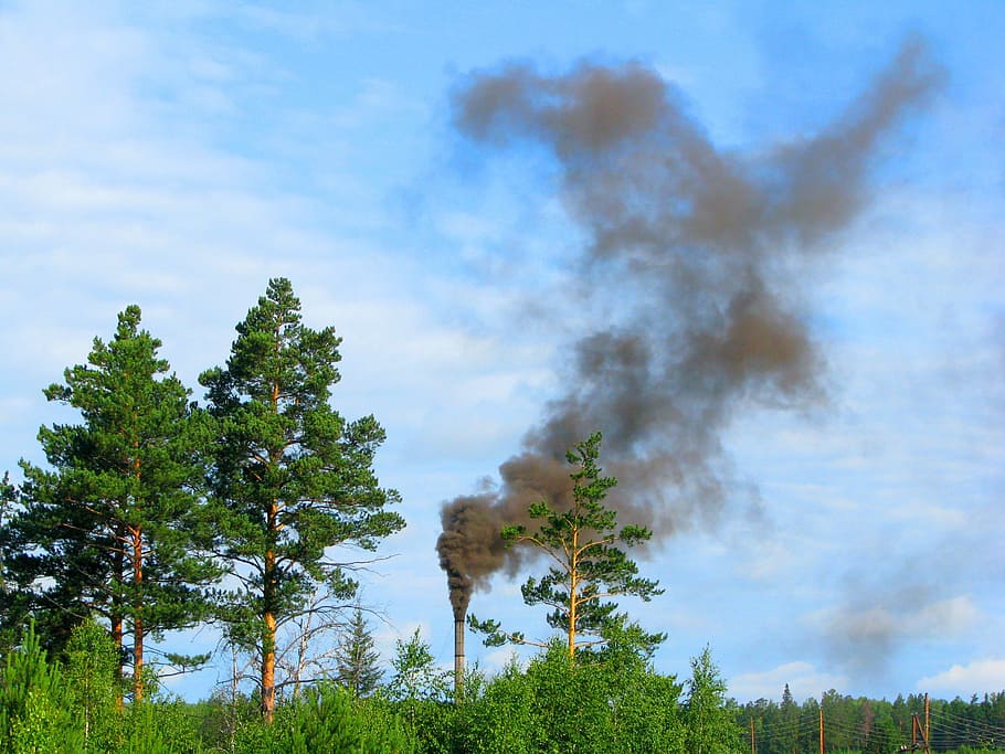 green trees near tower with brown smoke, Environment, Pollution HD wallpaper