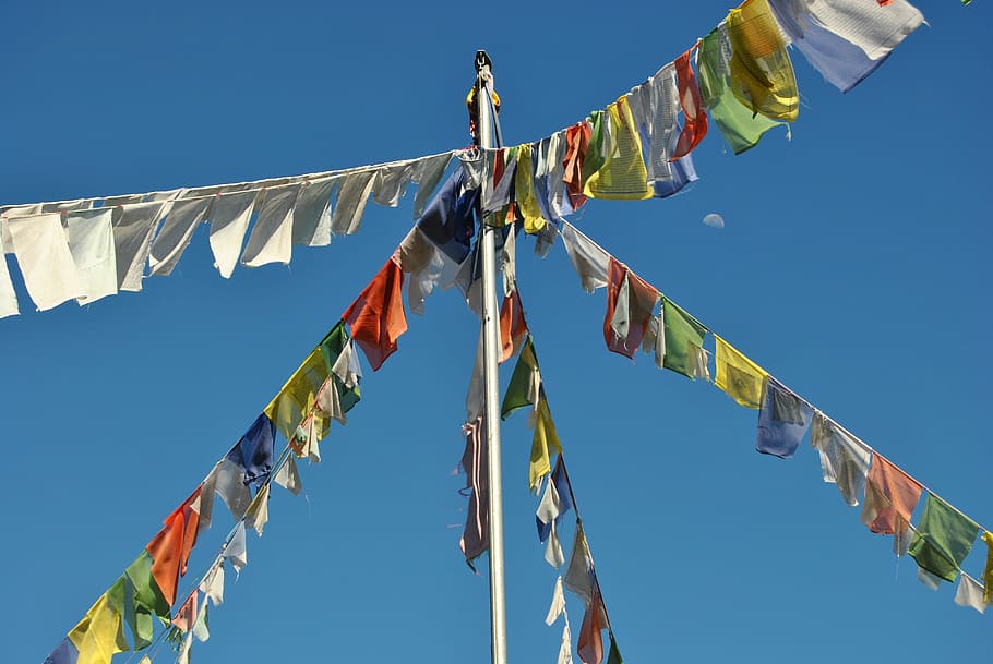 Flags, Buddhism, Meditate, Wind, sky, hanging, in a row, low angle view HD wallpaper