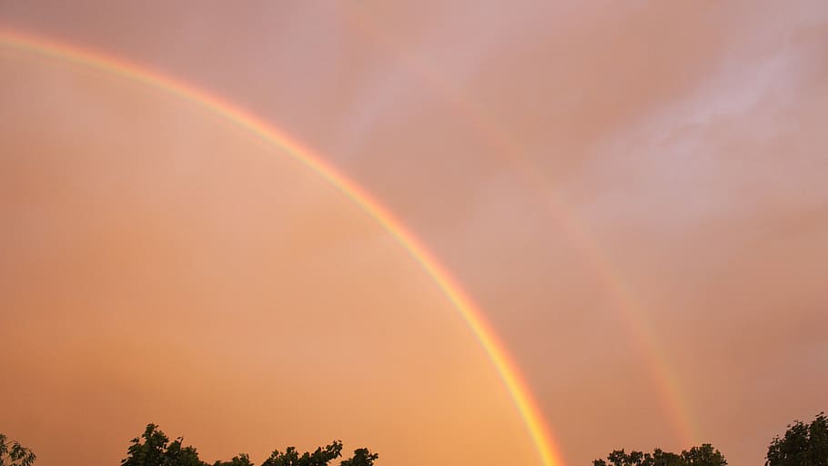 rainbow under orange sky, double rainbow, rainbow colors, beauty in nature HD wallpaper