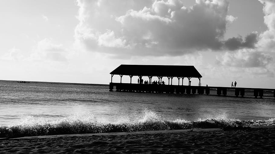 grayscale photo of a shed and body of water, silhouette, gazebo HD wallpaper