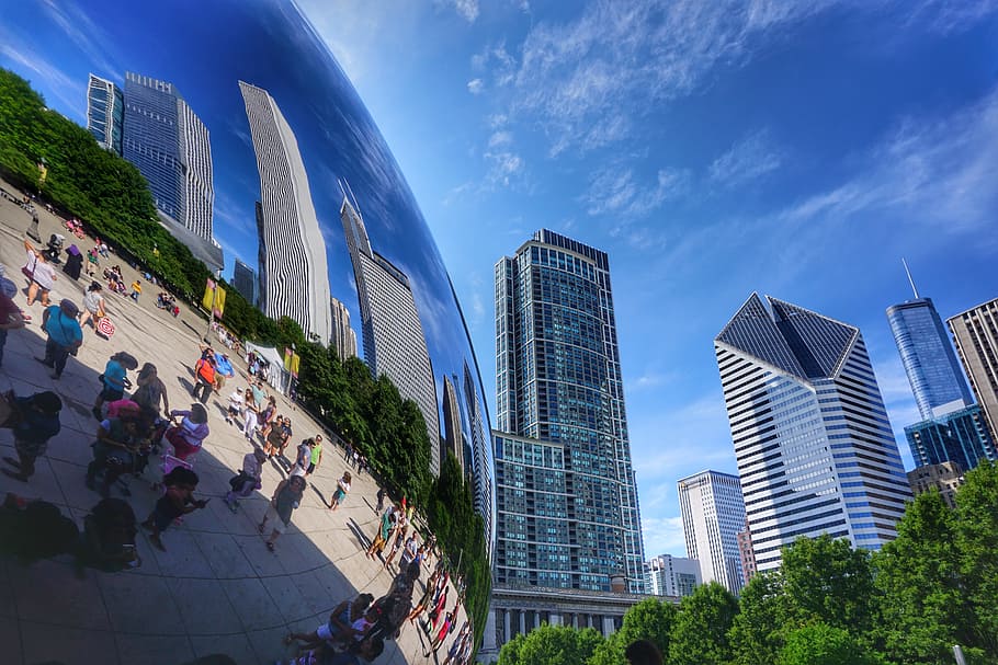 Cloud Gate, Chicago, mirror image, bean, architecture, city HD wallpaper