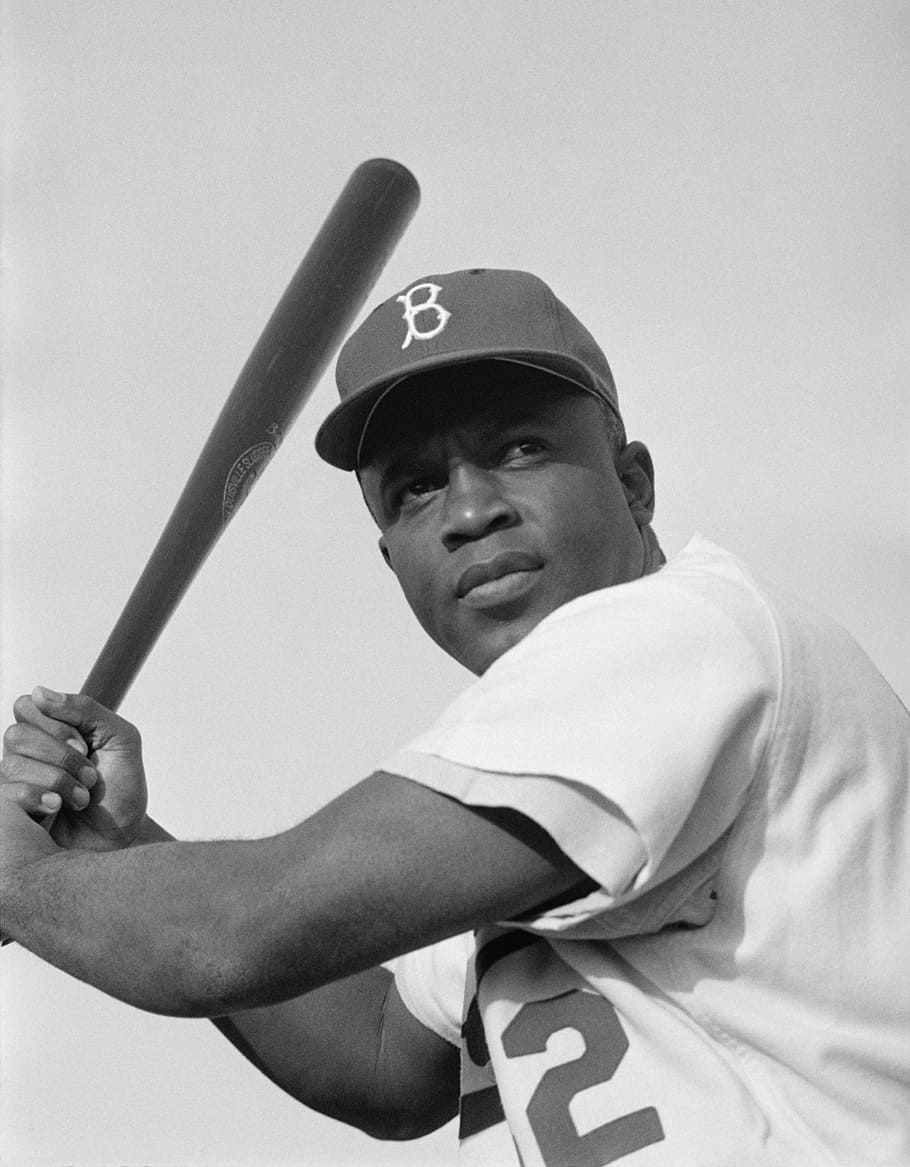 grayscale photo of baseball player, jackie robinson, american baseball player