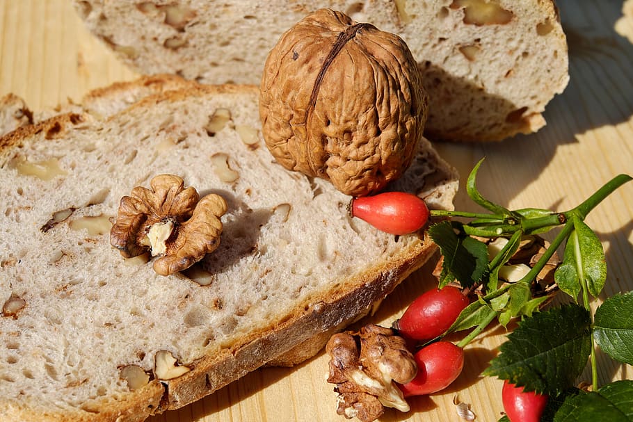 walnut on top of bread, nut bread, walnut bread, nutrition HD wallpaper