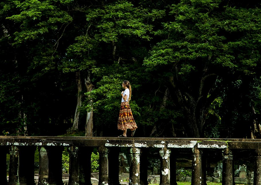 Woman Walking on Bridge Surrounded by Trees, ancient, beautiful HD wallpaper