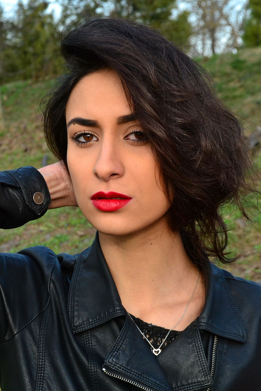 girl, red, lips, expression, dramatic, outdoor, hair, model HD wallpaper
