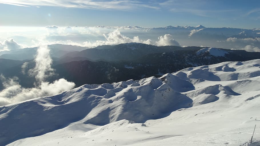 Mountain, Clouds, Altitude, Landscape, cloudy, snow, winter HD wallpaper