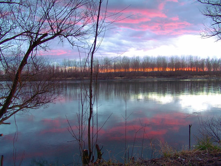 Sunset, Winter, River, Nature, reflection, lake, water, tranquility HD wallpaper