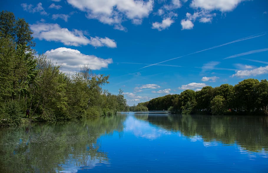 sky, lake, bridge, casting, swannery, pond, water, mirroring HD wallpaper