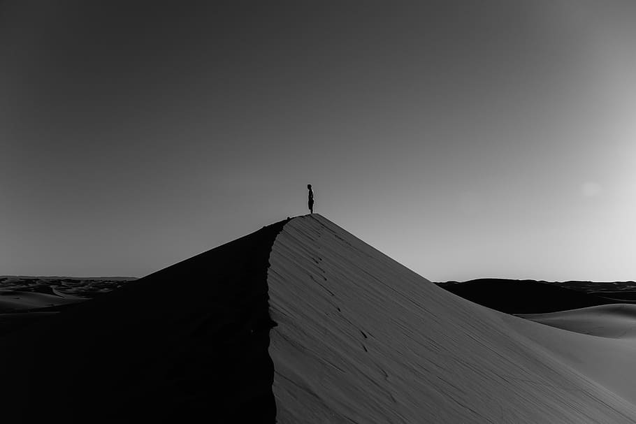 HD wallpaper: Sahara, person standing on desert sand, dune, sky, one ...