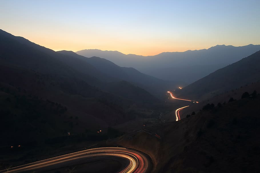mountains, sunset, serpentine, road, sky, sunset in the mountains HD wallpaper