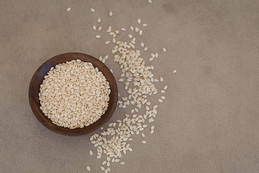white grains, sesame, sesame seeds, cores, holzschüsselchen, HD wallpaper