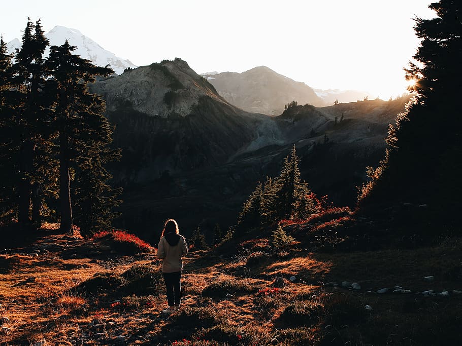 woman standing in front of mountains, woman standing on field near cliff HD wallpaper