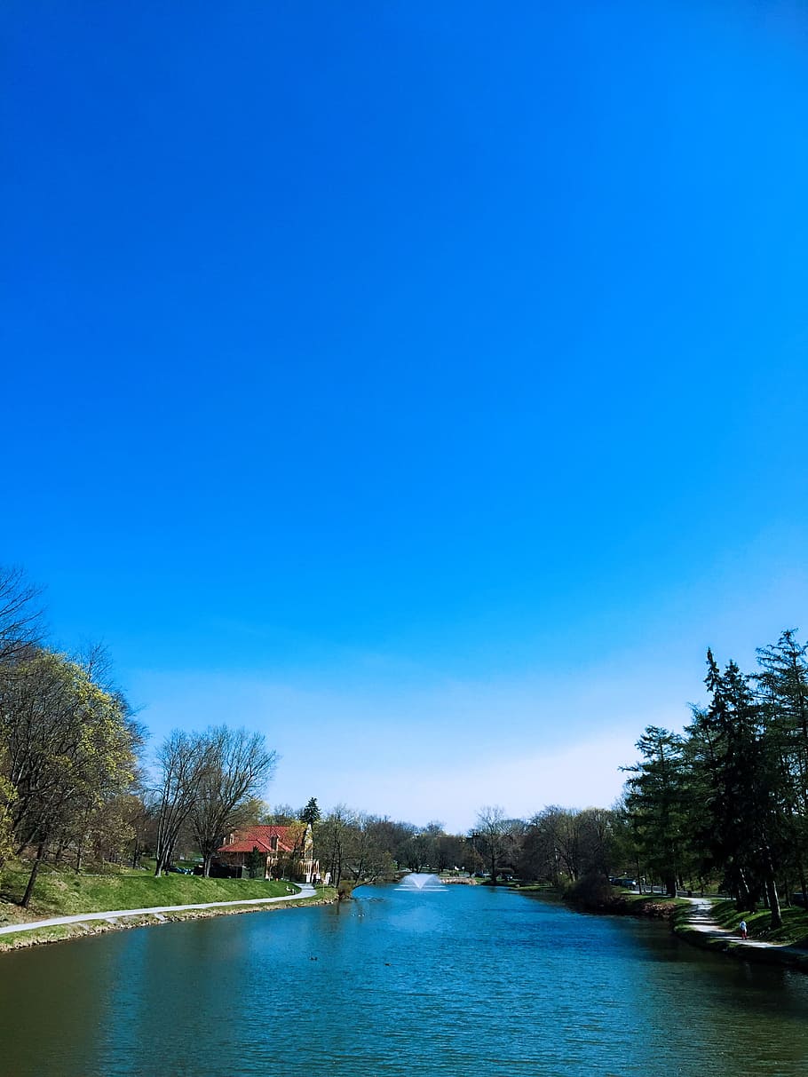 sky, landscape, river, tree, water, plant, blue, copy space HD wallpaper