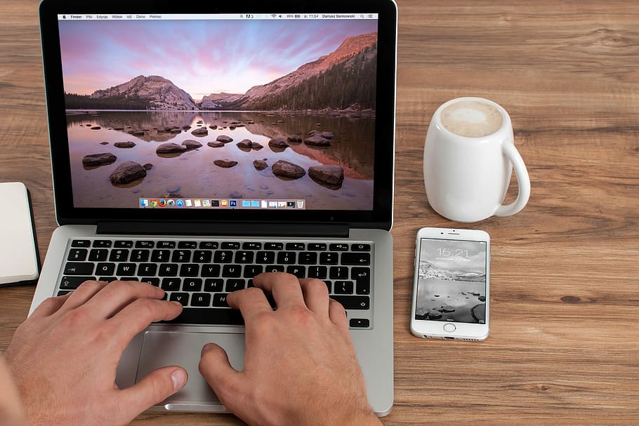 Beautiful landscape on a Macbook Screenshot, computer, hands HD wallpaper