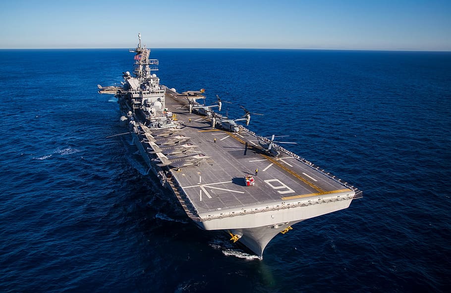 high angle photo of carrier, uss america, aircraft carrier, ship