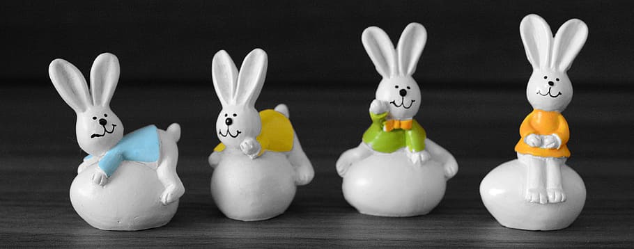 four rabbits figurines, easter bunny, easter eggs, easter decoration HD wallpaper