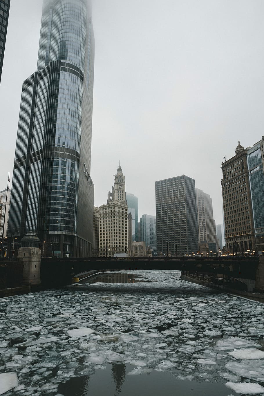 frozen river under bridge photo during foggy daytime, untitled HD wallpaper