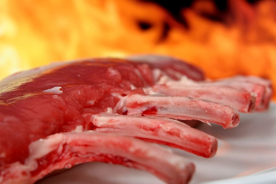 raw meat ribs near fire, abstract, american, background, barbecue, HD wallpaper