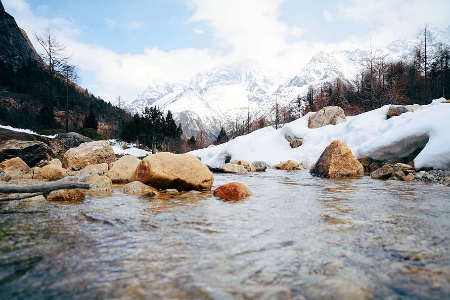 body of water near grounded covered with snow, river near green leafed trees during cloudy sky HD wallpaper