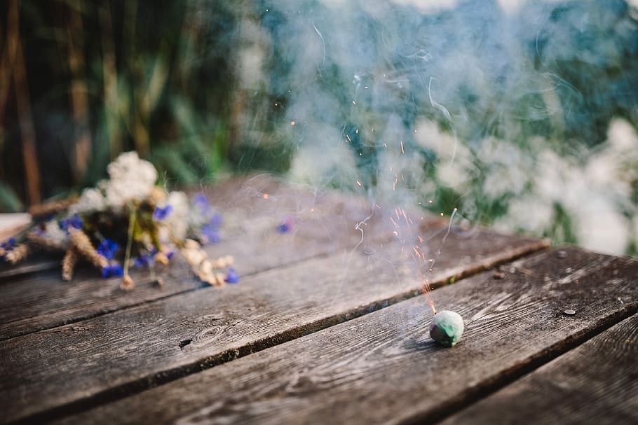 Colorful smoke bomb, book and vintage camera, wooden desk, wooden pier, HD wallpaper