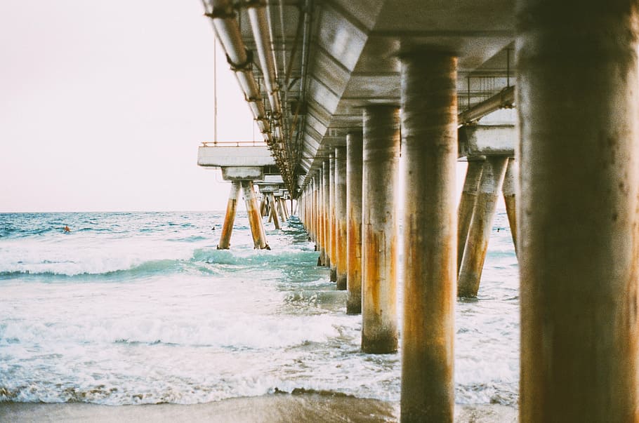 beach dock post photo, architectural, photography, gray, pillars HD wallpaper