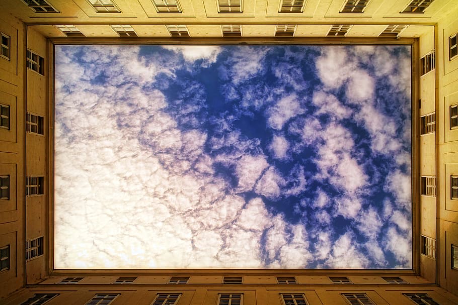 low angle photography of building, low angle photography of white clouds
