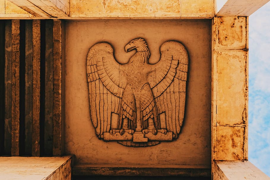 eagle embossed on brown wall, eagle painted wall, concrete, mural HD wallpaper