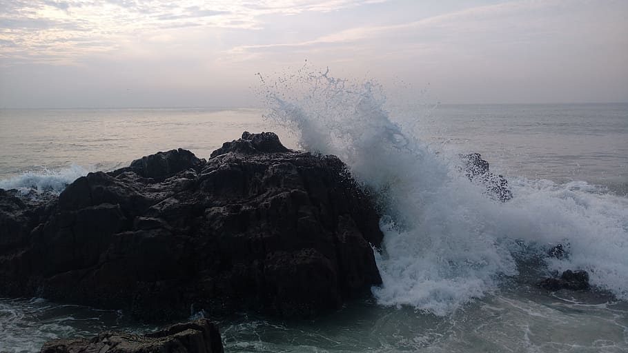 beach, water, stone, sky, clouds, sea, rock, rock - object HD wallpaper