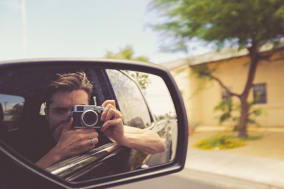 man taking photo inside vehicle, car, mirror, road, trip, people HD wallpaper