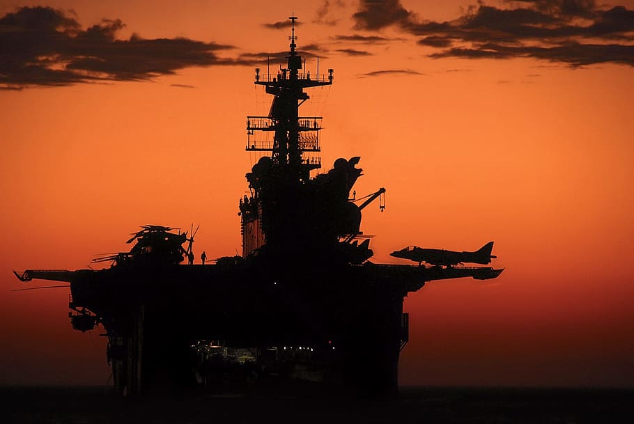 silhouette of ship, sunset, water, ocean, dusk, sky, aircraft carrier